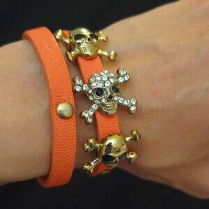 Gold Skull Pirate Diamond Style Orange Leather Bracelet